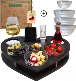 PEGSEN Servierplatte Couchbar Snackbox Herz mit 4 Glasschalen Sofa Tablett, alles steht stabil & sicher, lebensmittelechte Glasschalen