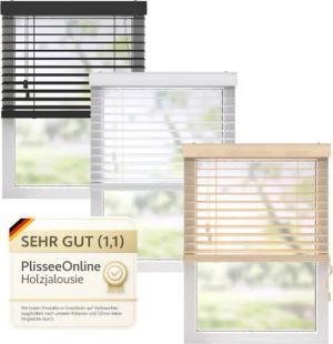 Plisseeonline Jalousie Holzjalousie, Wand/Decke und Fenstermontage, Wand,-Deckenmontage, Bis 150 cm breite und 130 cm höhe Fenstermontage Klemmfix inkl., Mit Holzmaserung