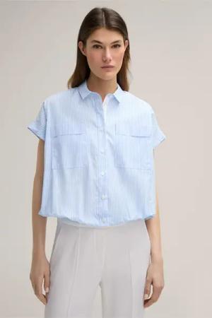 Popeline-Baumwoll-Hemdbluse kurzarm in Hellblau-Weiss gestreift