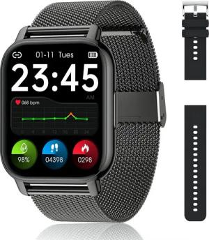Popglory Damen's und Herren's Fitness-Tracker Blutdruckmess Smartwatch (1,85 Zoll, Android/iOS), mit austauschbarem weichem Silikonarmband, mit SpO2 Herzfrequenz Schrittzähler Schlafmonitor, Musikwiedergabe