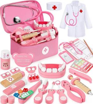 POPOLIC Spielzeug-Arztkoffer Doktorkoffer für Kinder ab 3, 4, 5 Jahre Medizinische Spielzeug, (Arztkoffer Kinder Holz Spielset, Rosa, 1-tlg., Mit Hochsimuliertem Stethoskop, Rollenspiel Kinder Spielzeug), für Kinder ab 3, 4, 5 Jahre Medizinische Spielzeug