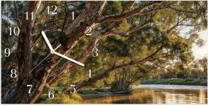 Primedeco Wanduhr Glasuhr Wandkunst Größe 60 x 30 cm mit Motiv Baum am Flussufer