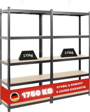 PROREGAL® Schwerlastregal MegaDeal 2x Kellerregal GORILLA 180x90x40cm Fachlast 175kg Schwarz, Garagenregal Werkstattregal Lagerregal Lastenregal 875kg Gesamtlast