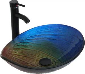 Puluomis Aufsatzwaschbecken Waschbecken Set mit Wasserhahn und Ablaufgarnitur Oval, Handgezeichnet Waschschale, Waschplätze für Badezimmer Küche WC