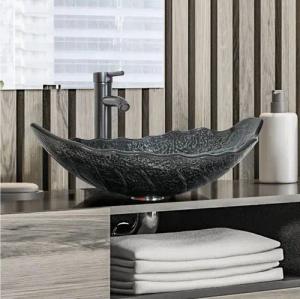Puluomis Aufsatzwaschbecken Waschbecken Set mit Wasserhahn und Ablaufgarnitur Oval Schwarz Silbern, Handgezeichnet Waschschale, Waschplätze für Badezimmer Küche WC