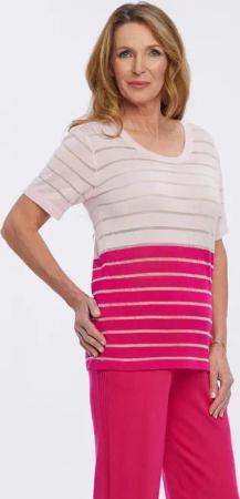 PUNTO & FILO Kurzarmpullover Strickshirt Körpernah mit transparentem Ringel