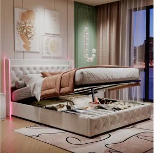 PXloue Polsterbett Doppelbett mit LED Licht 140x200cm,Hydraulisch anhebbarer Stauraumbett (Mit Lattenrost und Ladefunktion, Leinenmaterial Polsterbett), Modernes Jugendbett, Leises Design Bett, Max. Belastbarkeit 350 kg