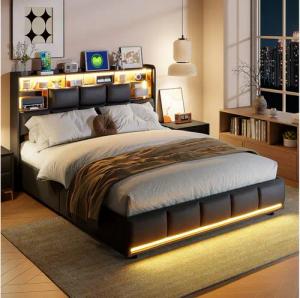 PXloue Polsterbett LED Doppelbett Stauraumbett (Hydraulisch hebbarer Stauraum), Bettkasten, Ladestation, Kunstleder, 160x200 cm