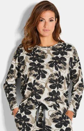 Pyjamashirt mit Blumenmuster - khaki / schwarz / cremeweiß - Gr. 44 von Goldner Fashion