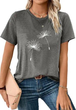 PYLIKE Kurzarmshirt Damen Sommer Casual bequemes t shirt mit Löwenzahn Print-Shirt Bequem für Freizeit und Büro,Strandurlaub