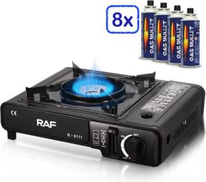 Qivee Gaskocher Q39 + 8x Gas, (Einzelprodukt, 1-St., 1x Gaskocher, 8x Gaskartuschen), Robustes Stahlgehäuse mit Pulverbeschichtung