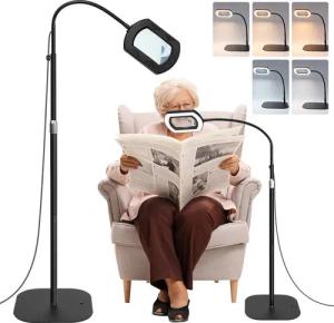 QUBEBU LED Leselampe Stehlampe Standleuchte mit 10 Dioptrien Lupe, 3-in-1 Schreibtischlampe, 10X Lupe mit Licht, LED fest integriert, LED Beleuchtete Lupe mit 5 Farbmodi und Stufenloser Dimmbarkeit, Klemmlampe mit Base und Schwenkarm, Stehleuchte, für Bas