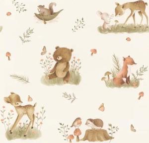 Rasch Tapete 321104 - Helle Vliestapete mit Waldtieren in Beige und Braun - Kinderzimmer Tapete - 10,05m x 0,53m