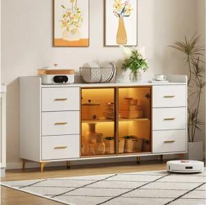 REDOM Sideboard Multifunktionales Küchenbuffet,Kommode (mit goldenen Metallgriffen, LED-Beleuchtung & Glastüren, 6 geräuscharme Schubladen, 1 St), mit LED-Beleuchtung