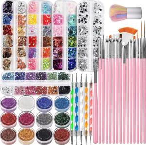 Refined Living Nageldesign Zubehör Nageldesign Zubehör Nail Art Dekoration Zubehör Set,Nagelpinsel Set, 38-tlg. Nagelpinsel Set,Maniküre-Werkzeuge, Nail Art Dekorationen & Nagelpinsel Set, Nail Art Pinsel, Dotted Pen, 12 Farben Glitzer für Nägel, Schmette