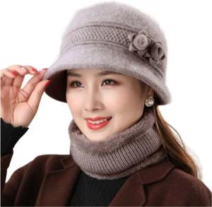 Refttenw Mütze & Schal Fischerhut Wintermütze Damen Schlauchschal 2-tlg Khaki