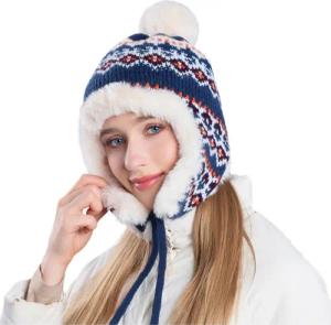 Refttenw Ohrenmütze Plüsch gestrickte Pullover Beanie,Ohrenschützer,Schnürdesign,winddicht