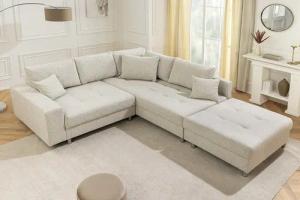 riess-ambiente Ecksofa KENT 220cm beige/chrom – Strukturstoff, L-Form, Modern, inkl. Kissen, Einzelartikel 1 Teile, Wohnlandschaft mit Federkern & Hocker – ideal für flexible Wohnzimmer