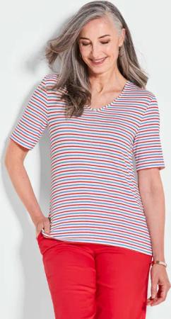 Ringelshirt mit V-Ausschnitt - rot / weiß / geringelt - Gr. 52 von Goldner Fashion