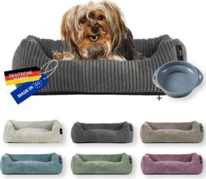 Rohrschneider Tierbett Hundebett Cord für kleine Hunde mit waschbarem Bezug inkl. Futternapf, antiruschbeschichtete Unterseite