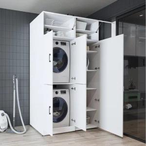 Roomart Waschmaschinenumbauschrank DORA 130 cm Breit (für Waschmaschine & Trockner mit Regalboden, Weiß • Weiß Eiche • Anthrazit Eiche • Eiche • Schwarz Eiche)