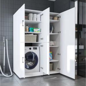 Roomart Waschmaschinenumbauschrank DORA 130 cm Breit (für Waschmaschine & Trockner mit Regalboden, Weiß • Weiß Eiche • Anthrazit Eiche • Eiche • Schwarz Eiche)