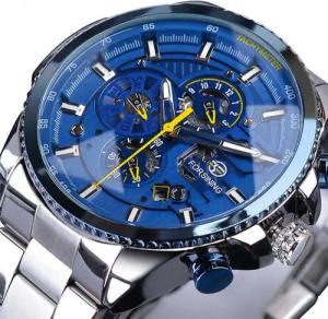 Rötting Design Automatikuhr Herrenuhr Armbanduhr Marke Forsining blaues Ziffernblatt Edelstahl, Datum Wochentag Monats Anzeige