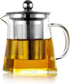 ROY Teekanne 950ml Glas-Teekessel mit Tropfschutz, modern, 0.95 l, (Einzelstück, 1-St., für losen Tee & Kräuter, mit Edelstahlsieb), hitzebeständig, aus Borosilikatglas, spülmaschinengeeignet, tropffrei