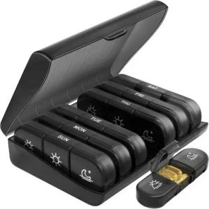 Ruhhy Pillendose Wöchentlicher Medikamenten-Organizer mit 3 Tageszeiten, schwarz (Wöchentlicher Medikamenten-Organizer für präzise Tagesplanung., 7 Behälter für jede Tageszeit, kompakte und praktische Größe), Transparente Fächer für einfache Übersicht, si