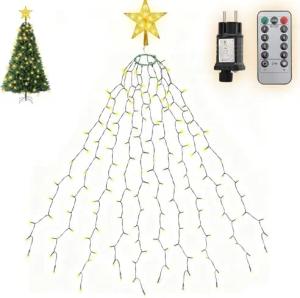 SALCAR 1,5m Weihnachtsbaum Lichterkette mit Ring, 10 Girlanden und Weihnachtsbaumspitze Stern mit Fernbedienung, 260er LED Überwurf Lichterkette Christbaumbeleuchtung Außen Innen, Warmweiß