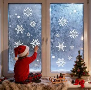 Salcar Fensterbild Fensteraufkleber Weihnachten Schneeflocken Weihnachtsdekoration Deko, 300er-Set Aufkleber in 3 Größen und 4 Formen, Doppelseitig Sichtbar