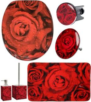 Sanilo Badaccessoire-Set 6-teilig Rosen, WC-Sitz mit Absenkautomatik, Badteppich 70 x 110 cm, Waschbeckenstöpsel, Badewannenstöpsel, Seifenspender, WC-Bürste, 6 tlg., hochwertig & modern, universell, leichte Montage