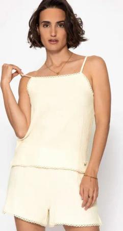 SASSYCLASSY T-Shirt Musselin Pyjamatop mit Spitzenborte für Damen Leichtes Top aus Musselin mit Schleifendetail Rosa Blau Gelb Weiß