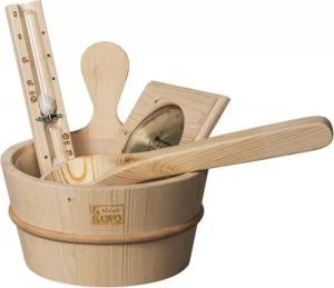 SAWO Aufgusskübel SAWO Saunazubehör-Set 5-teilig Saunazubehörset Kübel Kelle Sanduhr