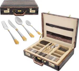 Schatzkiste1 Besteckkoffer Besteckkasten 24k 72 Teile 12 Personen Luxus Besteck Set Lederkoffer, 12 Personen, 72 teile 18/10 Edelstahl Vergoldet Hochwertig