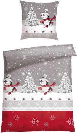 Schiesser Bettwäsche Telso aus weicher Baumwolle mit süßen Pinguinen, Feinbiber, 2 teilig, Made in Green