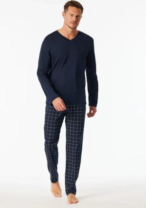 Schiesser Pyjama "Fine Interlock" 2 tlg. Oberteil in Uni, karierte Hose, V-Neck, Langarm, Baumwolle