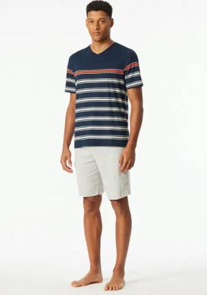 Schiesser Shorty Casual Nightwear (2 tlg) Shirt mit V-Ausschnitt und platzierten Ringeln
