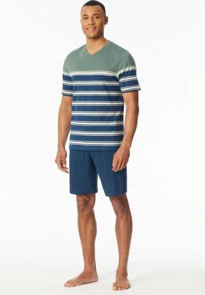 Schiesser Shorty Casual Nightwear (2 tlg) Shirt mit V-Ausschnitt und platzierten Ringeln