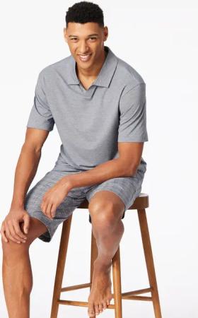 Schlafanzug kurz Jacquard Polokragen admiral kariert - Selected Premium 50