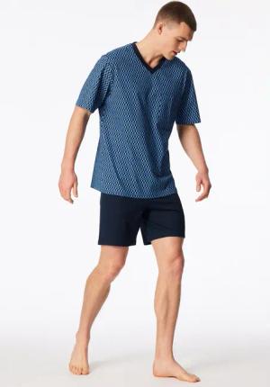 Schlafanzug kurz V-Ausschnitt Brusttasche blau gemustert - Comfort Nightwear 60