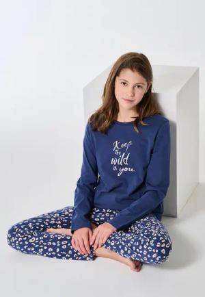 Schlafanzug lang Bündchen Animal Print jeansblau - Teens Nightwear 140
