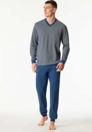 Schlafanzug lang Bündchen atlantikblau gemustert - Comfort Nightwear 25