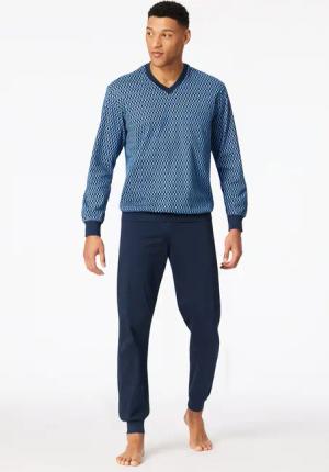 Schlafanzug lang Bündchen blau gemustert - Comfort Nightwear 54