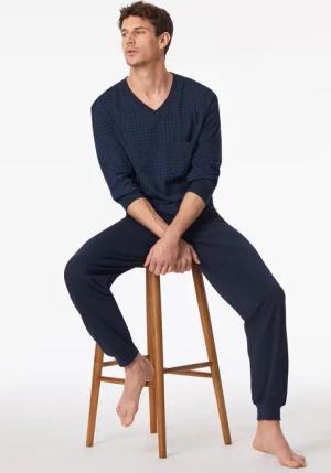 Schlafanzug lang Bündchen Karos nachtblau - Comfort Essentials 60