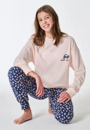 Schlafanzug lang Bündchen Katze Animal Print champagner - Teens Nightwear 164