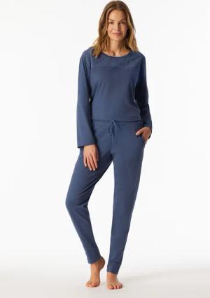 Schlafanzug lang Bündchen Stickerei jeansblau - Casual Nightwear 42