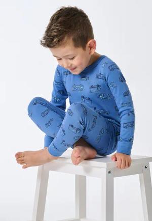 Schlafanzug lang Feinripp Bündchen Fahrzeuge blau - Kids Nightwear 92