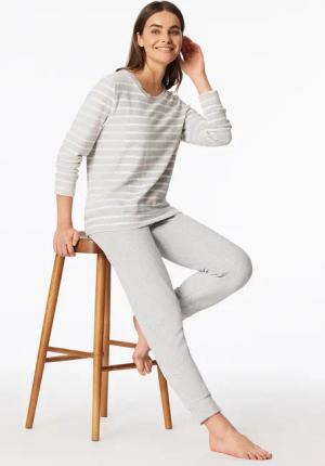 Schlafanzug lang Frottee Bündchen Ringel silbergrau-meliert - Casual Essentials 46