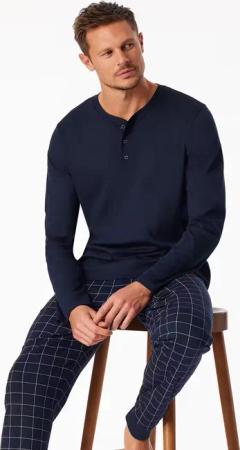 Schlafanzug lang Interlock Bündchen Knopfleiste nachtblau kariert - Fine Interlock 48
